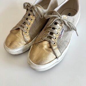 Superga metallic gold with linen lace up sneaker
